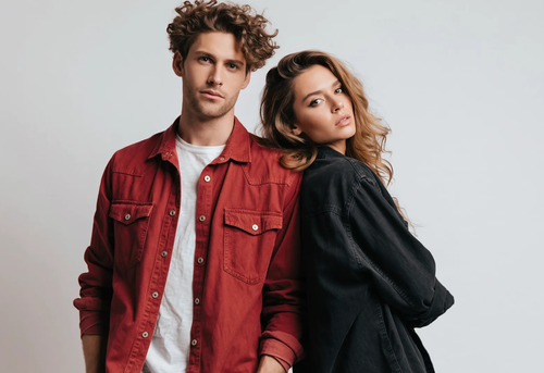 Two young adults stand closely together, with the woman leaning her back against the man; he wears a red shirt and white t-shirt, she wears a black jacket, both facing forward against a white background.