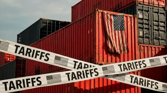 Red shipping containers with a faded American flag hang in front of them, crossed by tape labeled "TARIFFS" and displaying the US flag, suggesting trade restrictions or regulations.